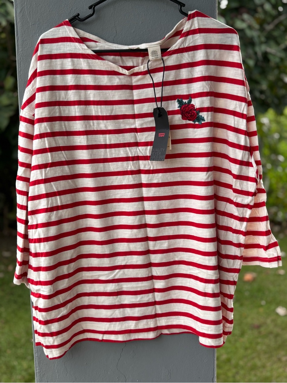 Red & White Striped Rose Embroidered Top